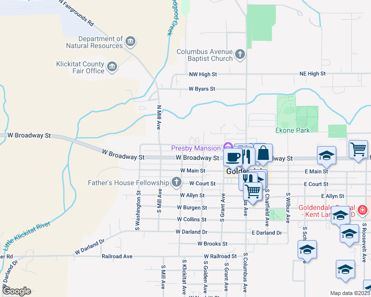 map of restaurants, bars, coffee shops, grocery stores, and more near 330 Northwest 2nd Avenue in Goldendale