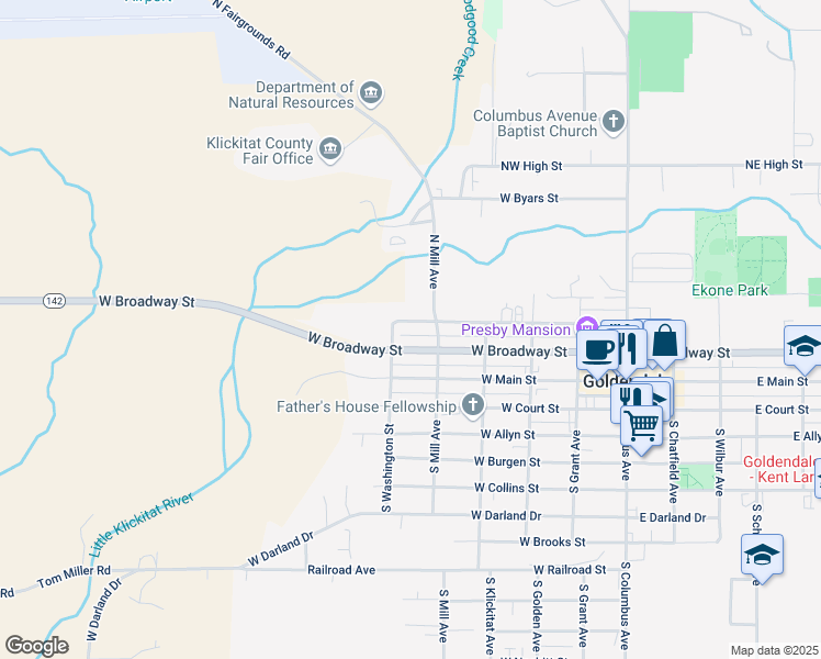 map of restaurants, bars, coffee shops, grocery stores, and more near 520 Northwest 2nd Avenue in Goldendale