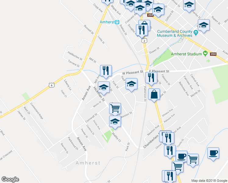 map of restaurants, bars, coffee shops, grocery stores, and more near 16 Hill Street in Amherst