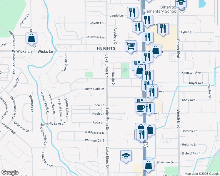 map of restaurants, bars, coffee shops, grocery stores, and more near 1349 Lake Elmo Drive in Billings
