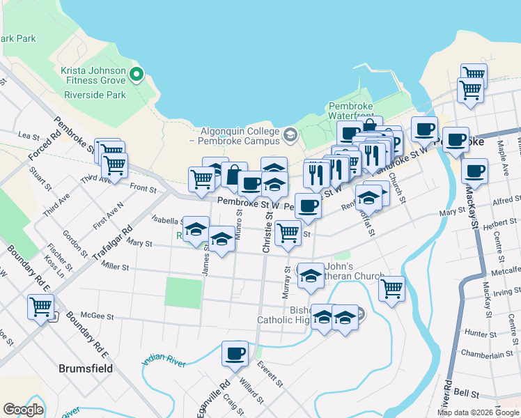map of restaurants, bars, coffee shops, grocery stores, and more near 432 Pembroke Street West in Pembroke