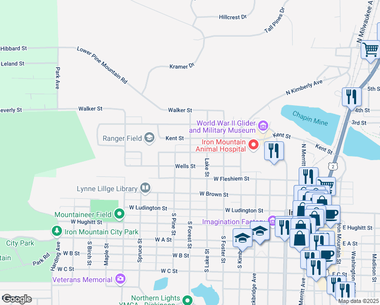 map of restaurants, bars, coffee shops, grocery stores, and more near 801 Houghteling Street in Iron Mountain