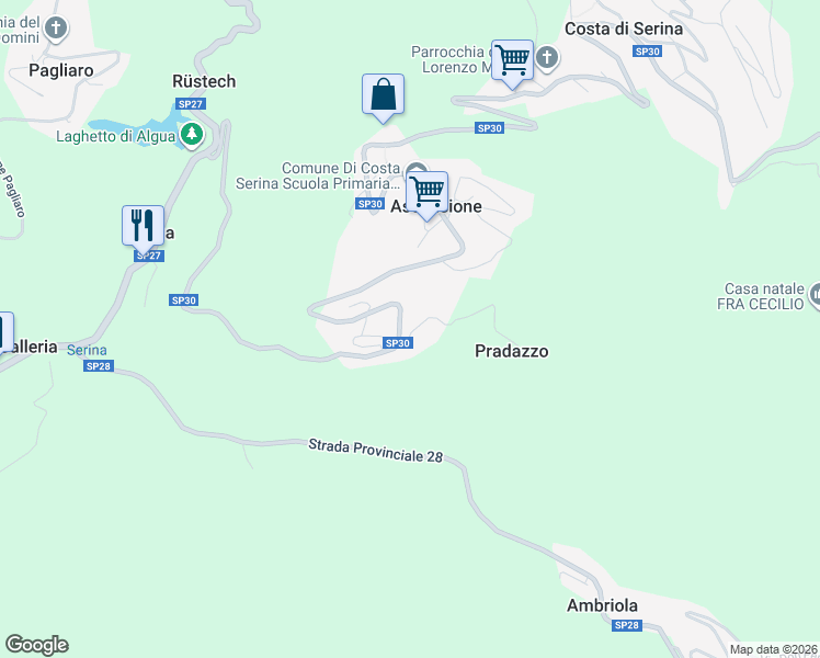 map of restaurants, bars, coffee shops, grocery stores, and more near 46 Via Europa in Ascensione