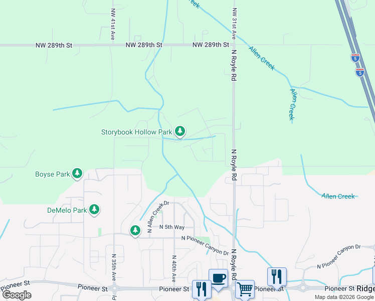 map of restaurants, bars, coffee shops, grocery stores, and more near 1143 North 41st Place in Ridgefield