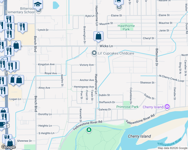 map of restaurants, bars, coffee shops, grocery stores, and more near 1139 Anchor Avenue in Billings