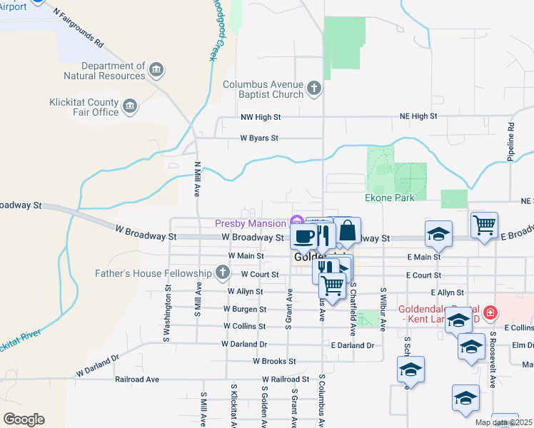 map of restaurants, bars, coffee shops, grocery stores, and more near 211 North Golden Avenue in Goldendale