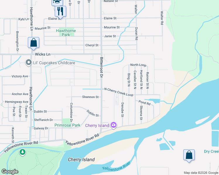 map of restaurants, bars, coffee shops, grocery stores, and more near 1615 North Cherry Creek Loop in Billings