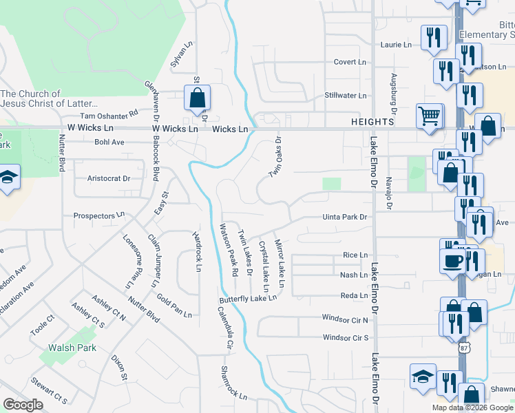 map of restaurants, bars, coffee shops, grocery stores, and more near 1408 Twin Oaks Drive in Billings