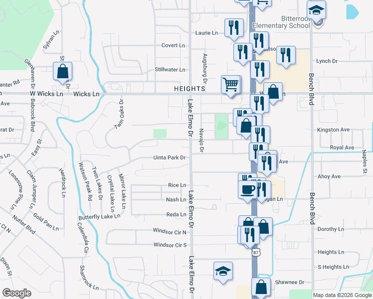 map of restaurants, bars, coffee shops, grocery stores, and more near 386 Uinta Park Drive in Billings