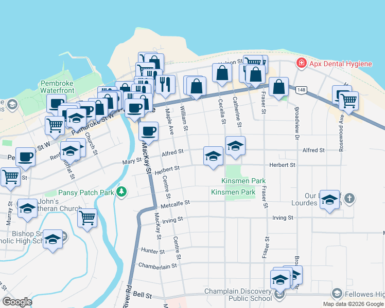 map of restaurants, bars, coffee shops, grocery stores, and more near 325 William Street in Pembroke