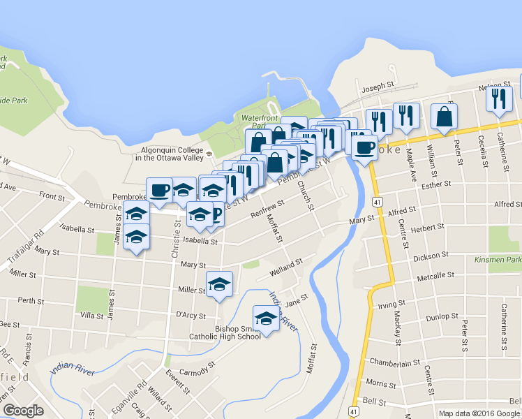 map of restaurants, bars, coffee shops, grocery stores, and more near 203 Renfrew Street in Pembroke