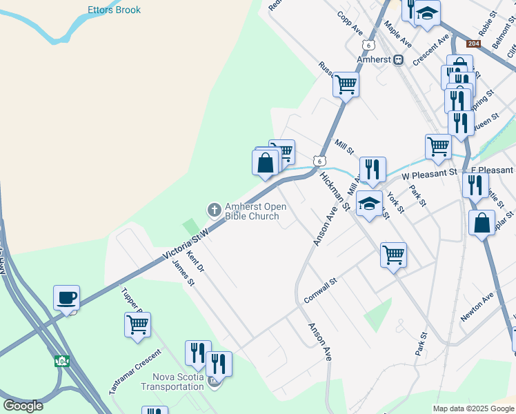 map of restaurants, bars, coffee shops, grocery stores, and more near 102 Victoria Street West in Amherst