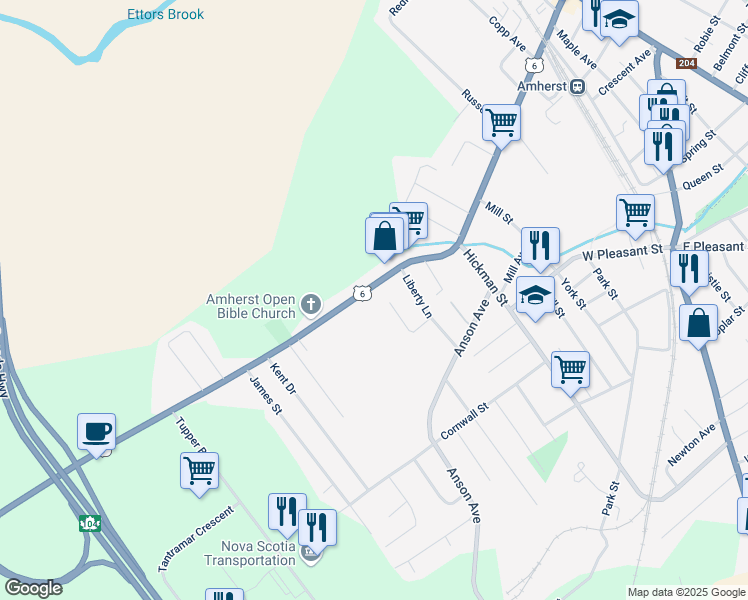 map of restaurants, bars, coffee shops, grocery stores, and more near 102 Victoria Street West in Amherst