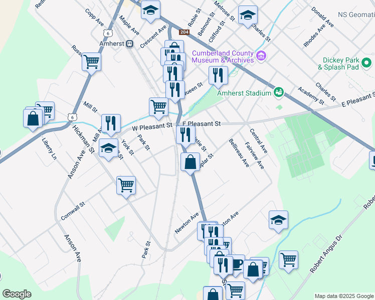 map of restaurants, bars, coffee shops, grocery stores, and more near 24 Nova Scotia 2 in Amherst