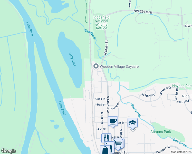 map of restaurants, bars, coffee shops, grocery stores, and more near 1185 North 1st Avenue in Ridgefield