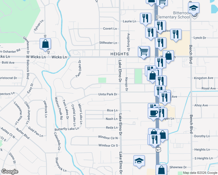 map of restaurants, bars, coffee shops, grocery stores, and more near 337 Sioux Lane in Billings