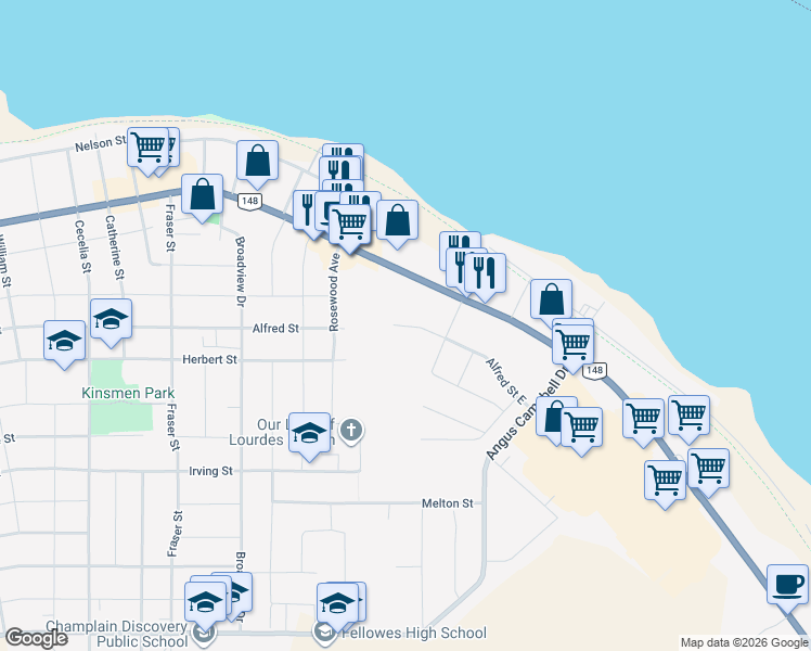 map of restaurants, bars, coffee shops, grocery stores, and more near 573 Alfred Street East in Pembroke