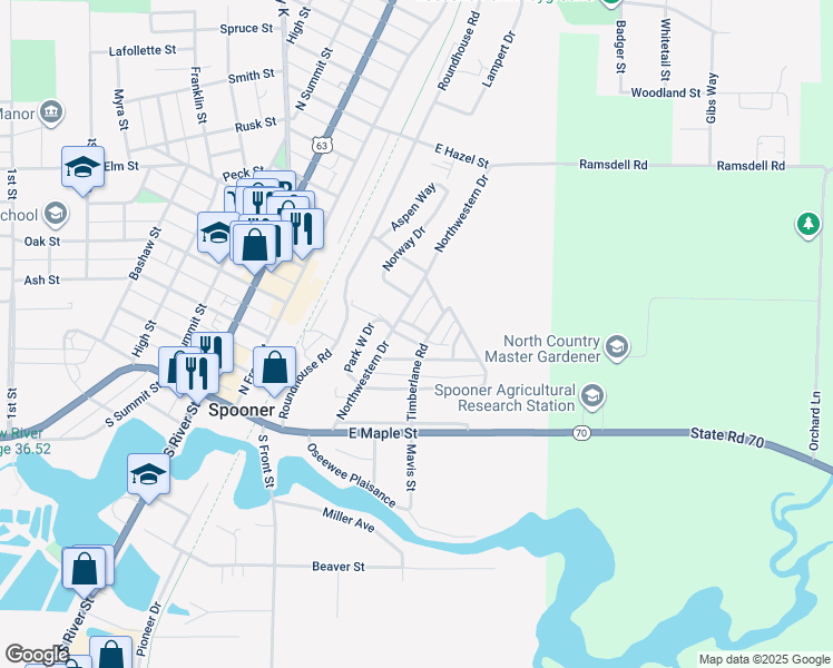 map of restaurants, bars, coffee shops, grocery stores, and more near 422 Northwestern Drive in Spooner