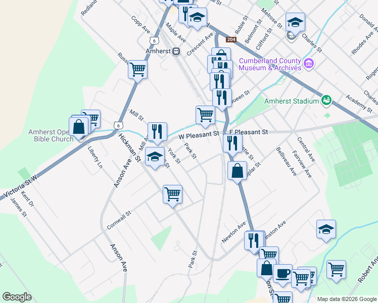 map of restaurants, bars, coffee shops, grocery stores, and more near 15 Park Street in Amherst