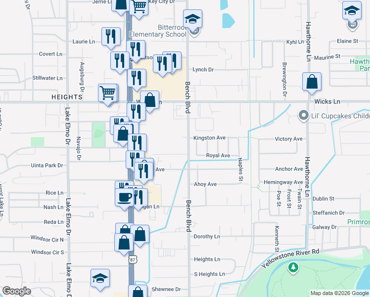 map of restaurants, bars, coffee shops, grocery stores, and more near 1422 Bench Boulevard in Billings