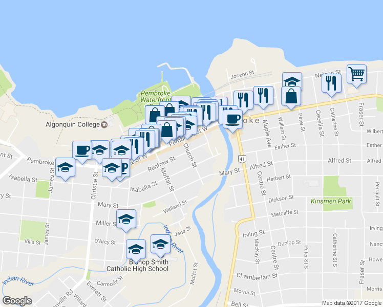 map of restaurants, bars, coffee shops, grocery stores, and more near 98 Renfrew Street in Pembroke