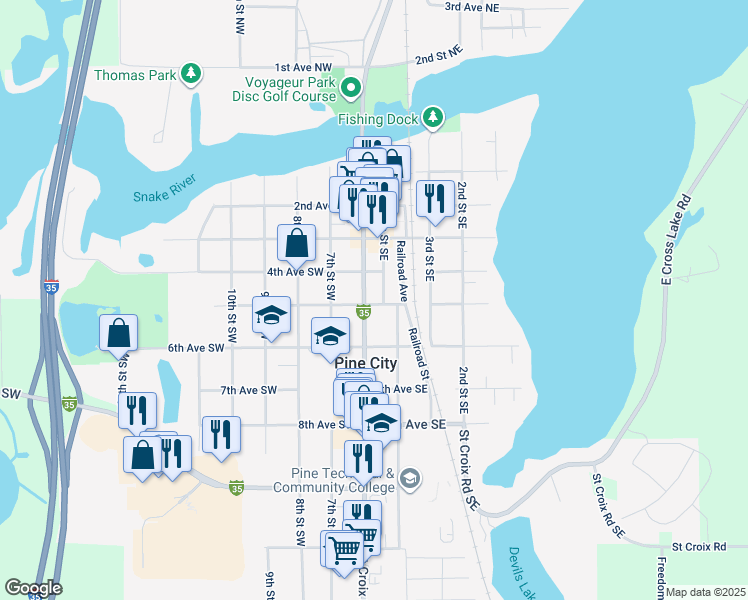 map of restaurants, bars, coffee shops, grocery stores, and more near 450 Main Street South in Pine City