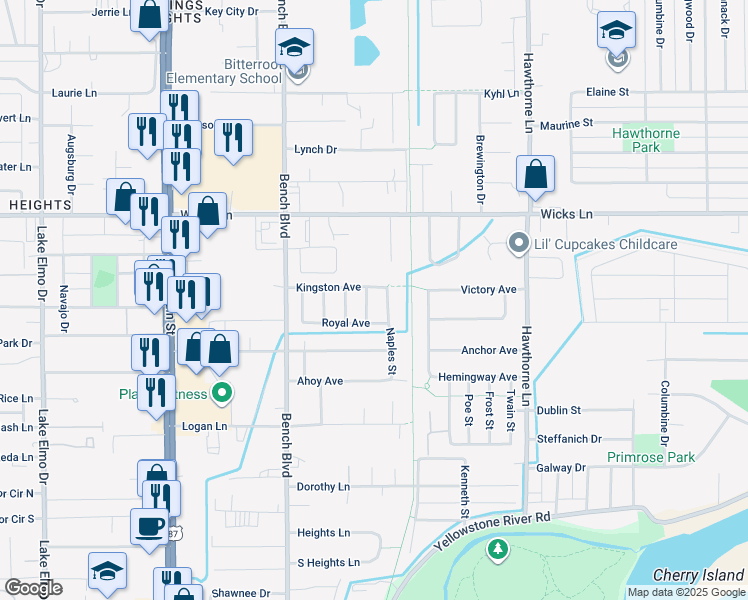 map of restaurants, bars, coffee shops, grocery stores, and more near 1427 King Richard Street in Billings