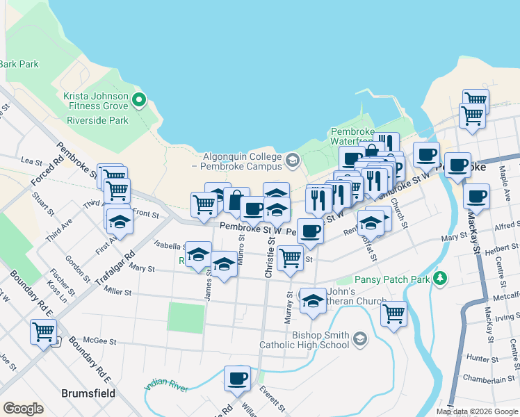 map of restaurants, bars, coffee shops, grocery stores, and more near 320 Lake Street in Pembroke