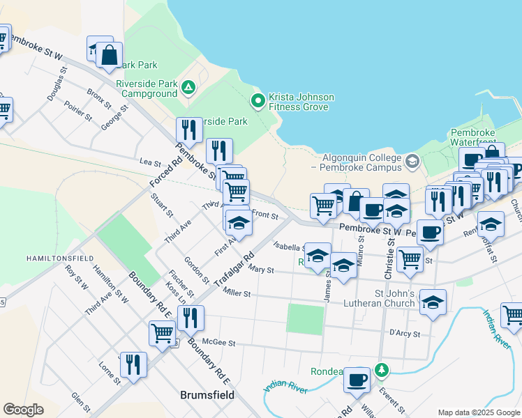 map of restaurants, bars, coffee shops, grocery stores, and more near 693 Front Street in Pembroke