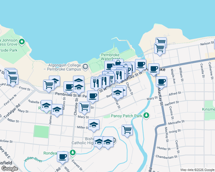 map of restaurants, bars, coffee shops, grocery stores, and more near 179 Agnes Street in Pembroke