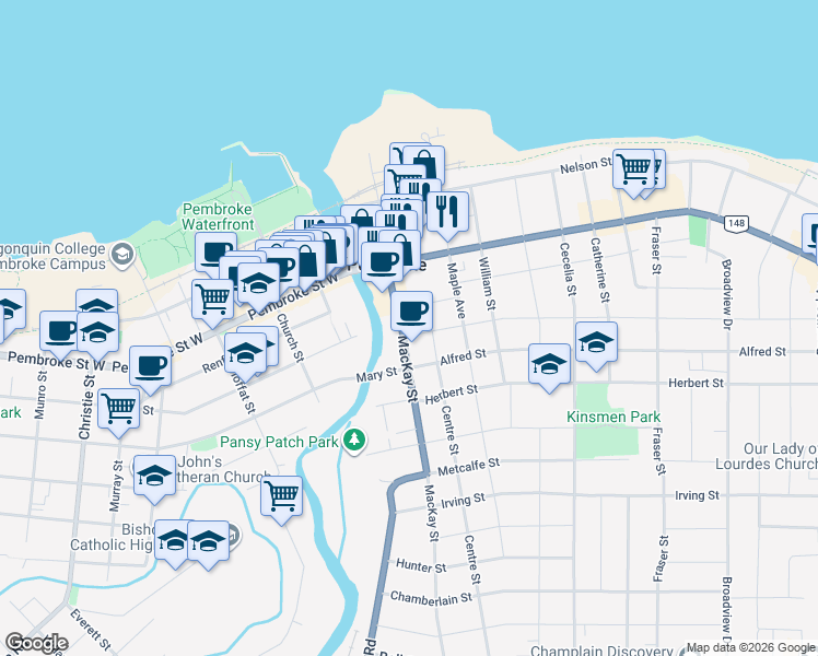 map of restaurants, bars, coffee shops, grocery stores, and more near 165 Esther Street in Pembroke