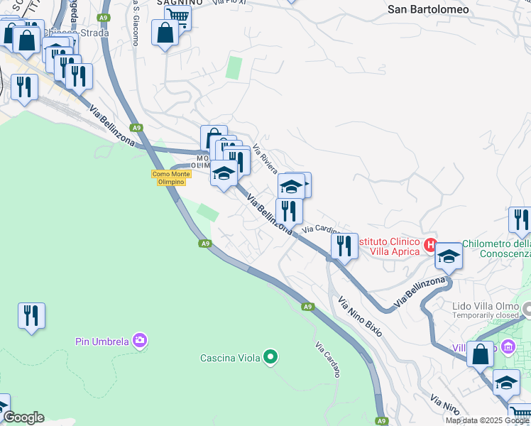 map of restaurants, bars, coffee shops, grocery stores, and more near 106-122 Via Bellinzona in Como