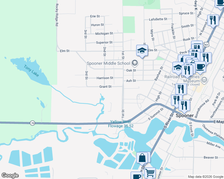 map of restaurants, bars, coffee shops, grocery stores, and more near in Spooner