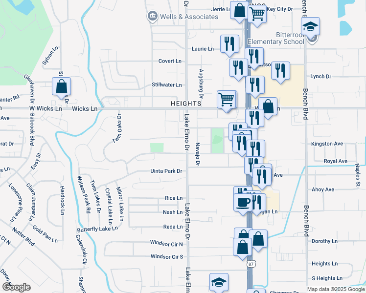 map of restaurants, bars, coffee shops, grocery stores, and more near 349 Sioux Lane in Billings