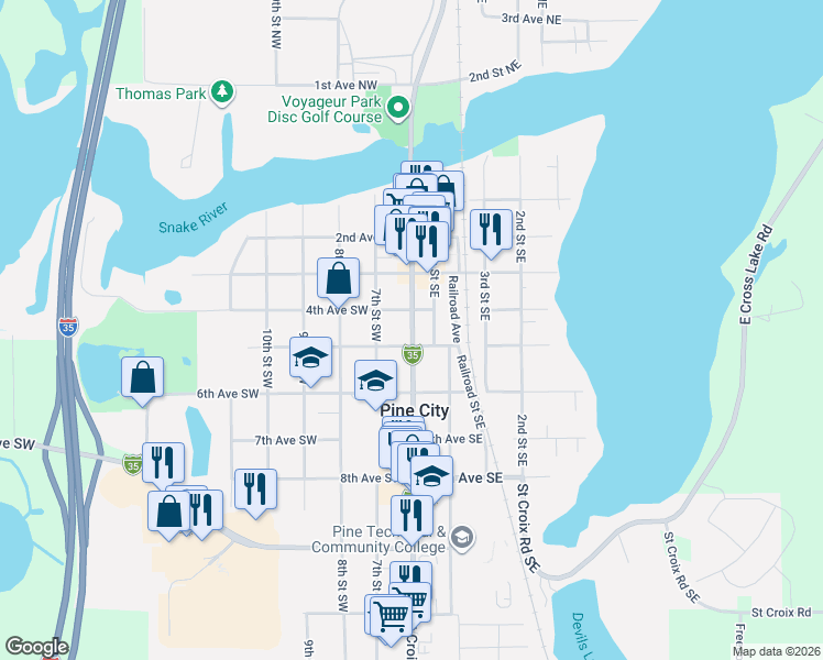 map of restaurants, bars, coffee shops, grocery stores, and more near 450 Main Street South in Pine City