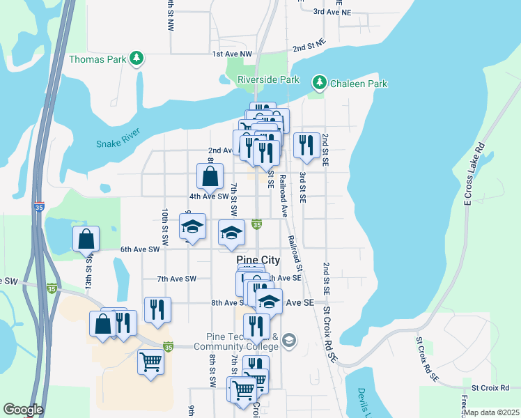 map of restaurants, bars, coffee shops, grocery stores, and more near 450 Main Street South in Pine City