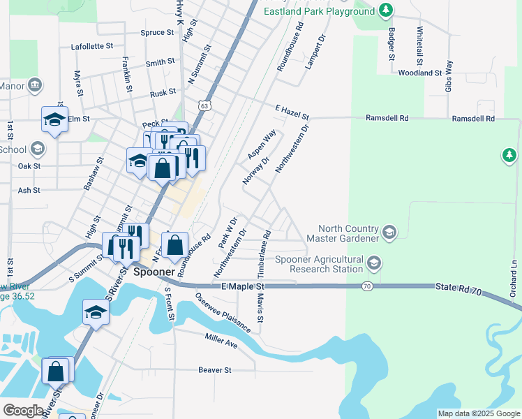 map of restaurants, bars, coffee shops, grocery stores, and more near 422 Northwestern Drive in Spooner