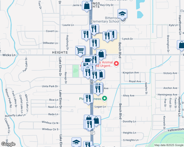 map of restaurants, bars, coffee shops, grocery stores, and more near Main Street in Billings
