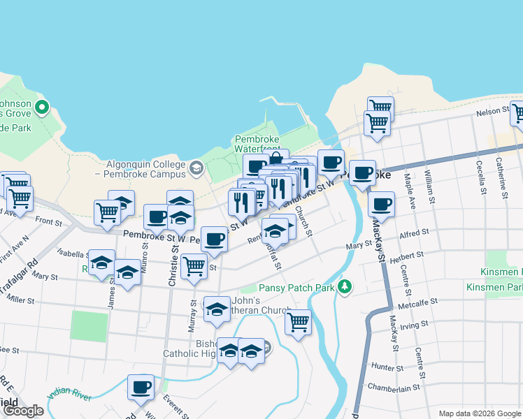 map of restaurants, bars, coffee shops, grocery stores, and more near 185 Pembroke Street West in Pembroke