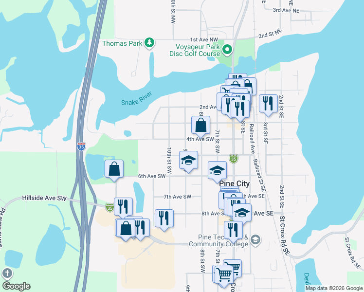 map of restaurants, bars, coffee shops, grocery stores, and more near 430 9th Street Southwest in Pine City
