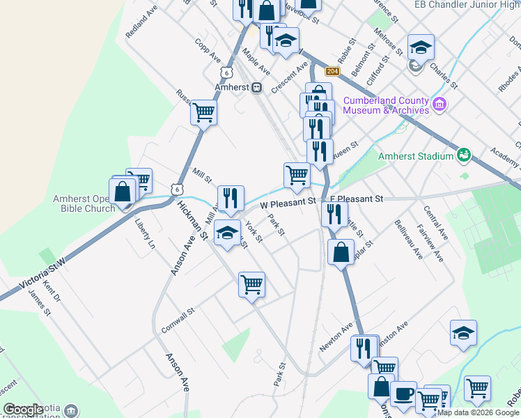 map of restaurants, bars, coffee shops, grocery stores, and more near 1 Park Street in Amherst