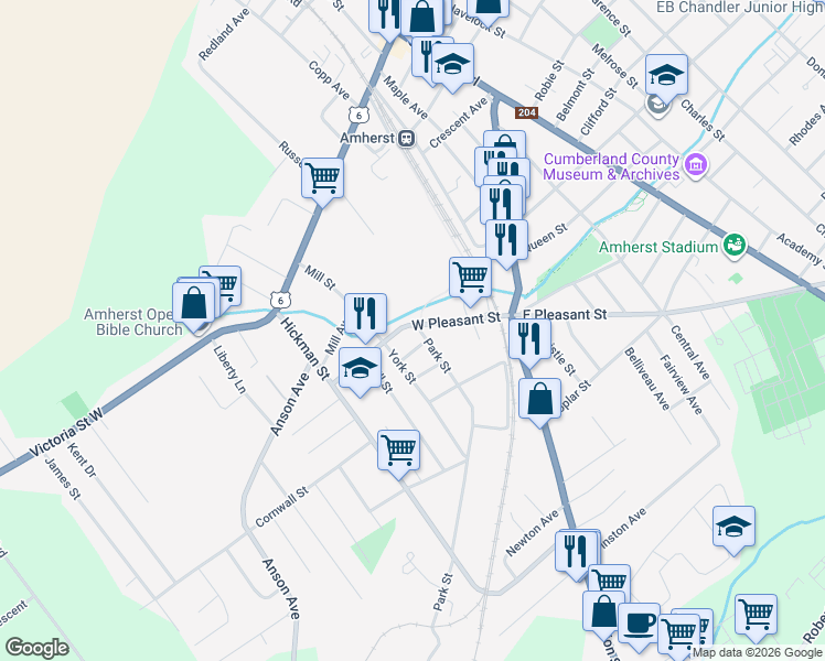 map of restaurants, bars, coffee shops, grocery stores, and more near 1 Park Street in Amherst