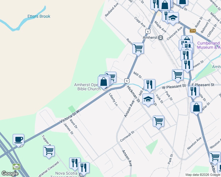 map of restaurants, bars, coffee shops, grocery stores, and more near 89 Victoria Street East in Amherst