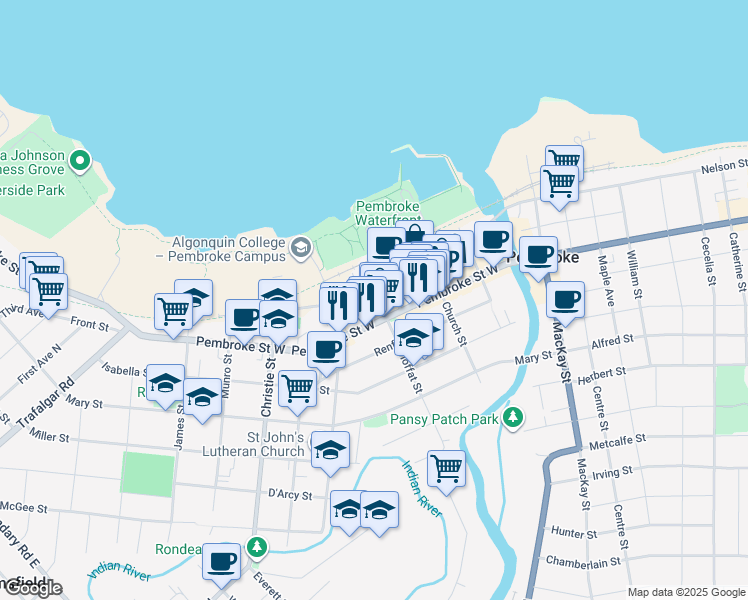 map of restaurants, bars, coffee shops, grocery stores, and more near 179 Agnes Street in Pembroke