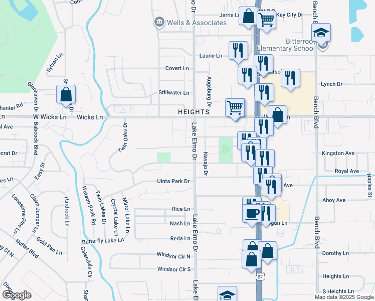 map of restaurants, bars, coffee shops, grocery stores, and more near 345 Sioux Lane in Billings