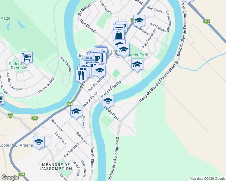 map of restaurants, bars, coffee shops, grocery stores, and more near 314 Rue Saint Étienne in L'Assomption