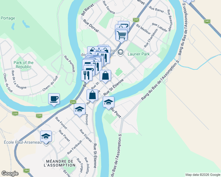 map of restaurants, bars, coffee shops, grocery stores, and more near 335 Rue Saint Étienne in L'Assomption