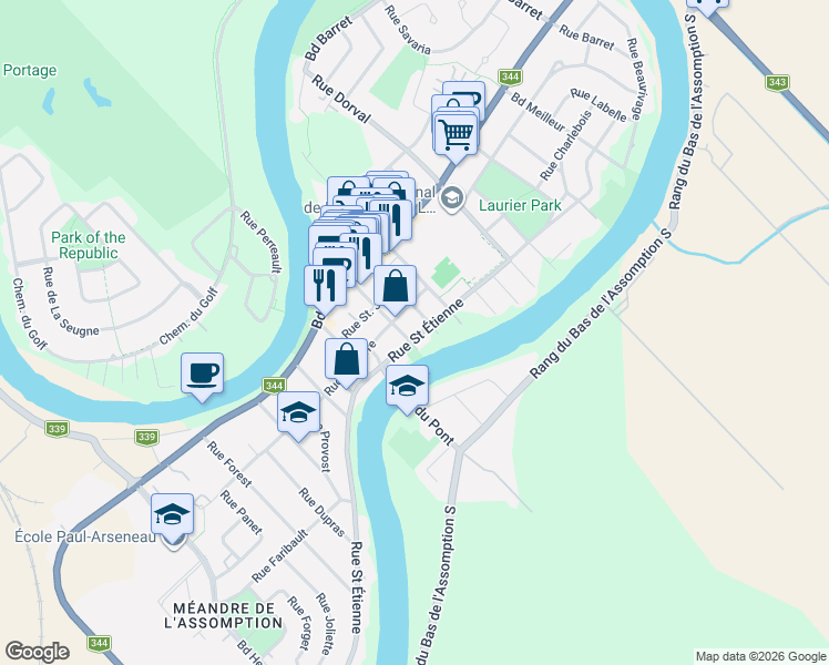 map of restaurants, bars, coffee shops, grocery stores, and more near 335 Rue Saint Étienne in L'Assomption