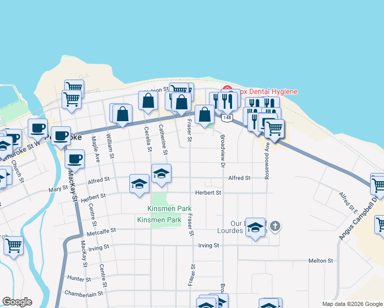 map of restaurants, bars, coffee shops, grocery stores, and more near 257 Fraser Street in Pembroke