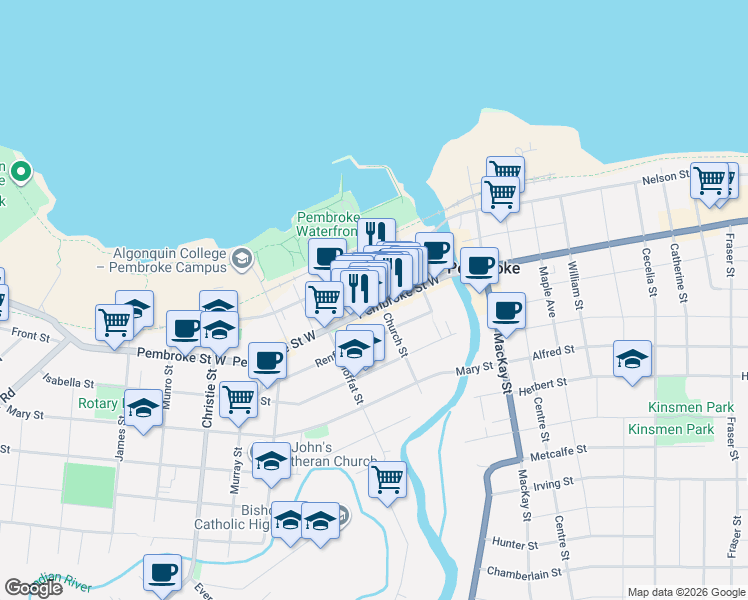 map of restaurants, bars, coffee shops, grocery stores, and more near 109 Pembroke Street West in Pembroke